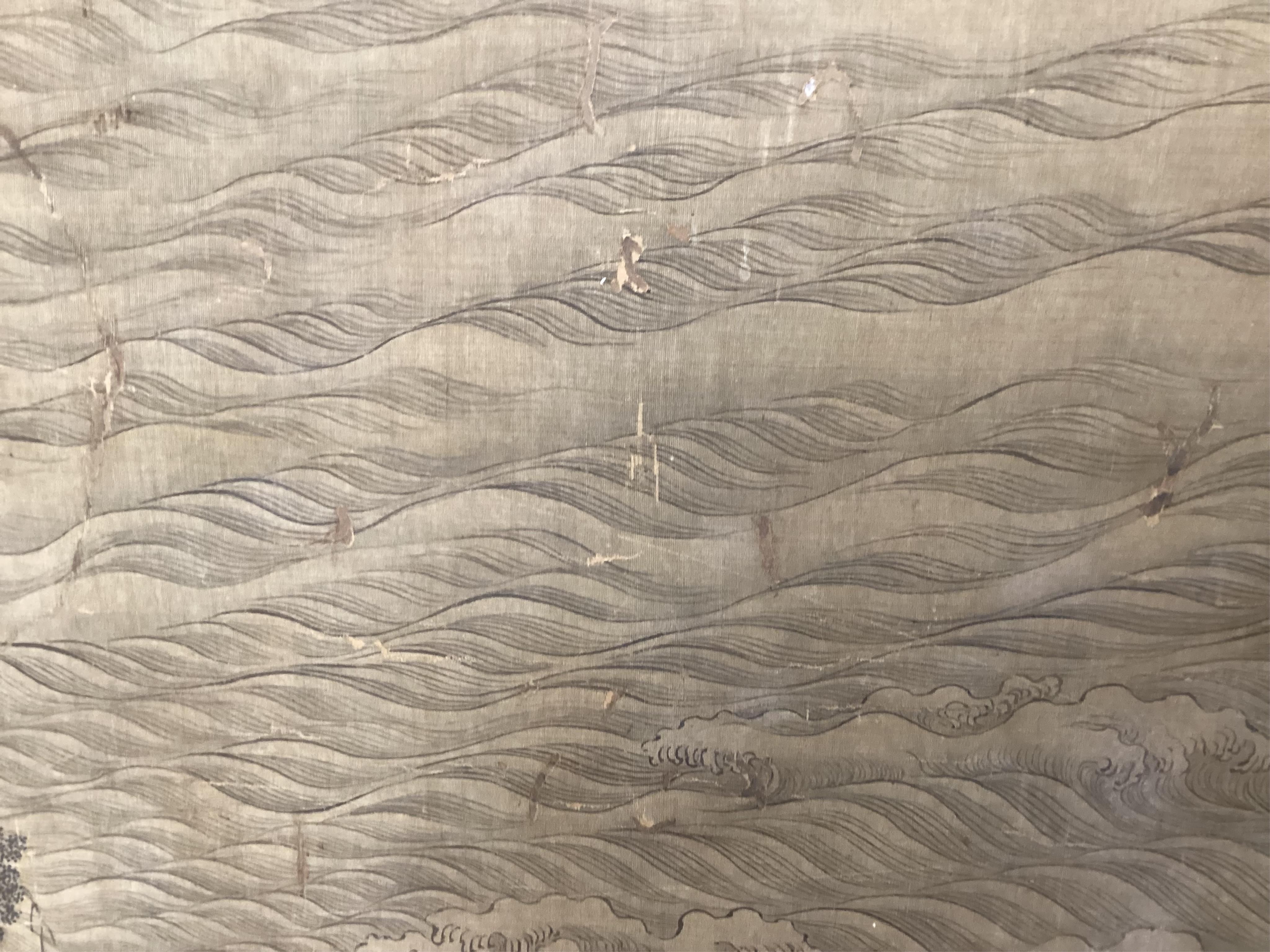 Chinese School , 17th century or earlier, Scholars in a mountainous river landscape scene with pavilions, Ink and colour on silk, incomplete clerical script signature, 54cm x 290cm